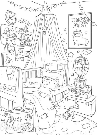 Coloring Pages Aesthetic With Aesthetic Cozy Bedroom Drawing   Printable Coloring Page For Kids And Adults