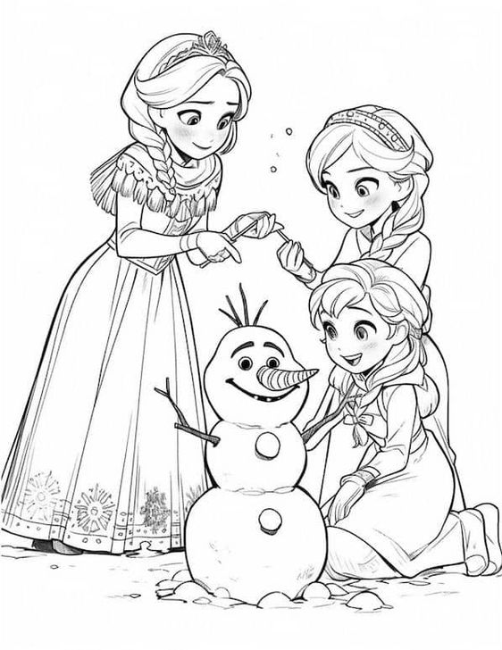 Coloring Pages For Kids   Princesses Making A Snowman Coloring