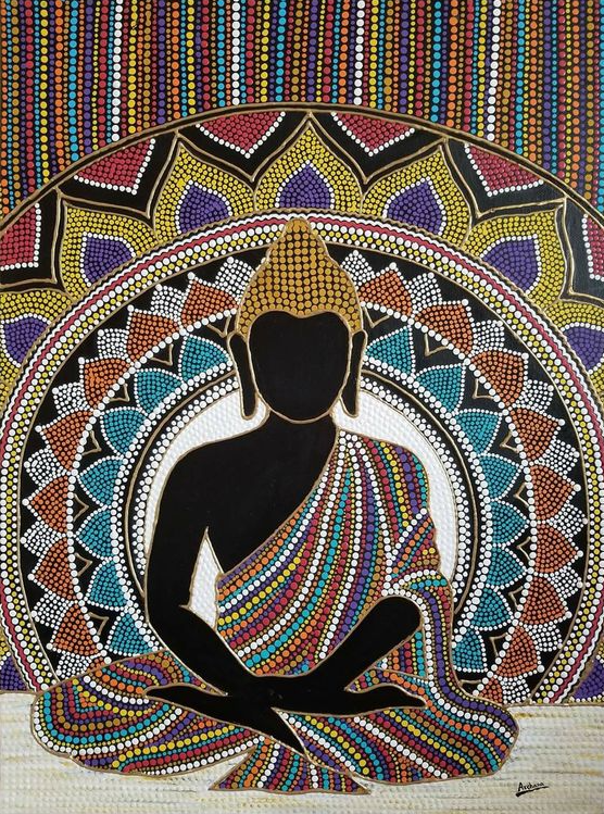 Buddha Dot Mandala on 18×24 inch stretched canvas
