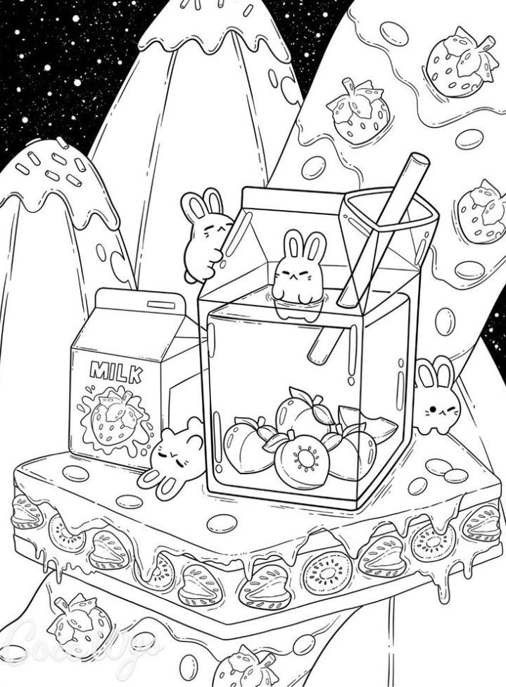 Kawaii Coloring Pages Bunnies in sugar world Printable coloring page for adults and children