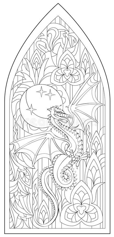 Page With Black And White Drawing Of Beautiful Medieval Gothic Window With Stained Glass And Dragon For Coloring