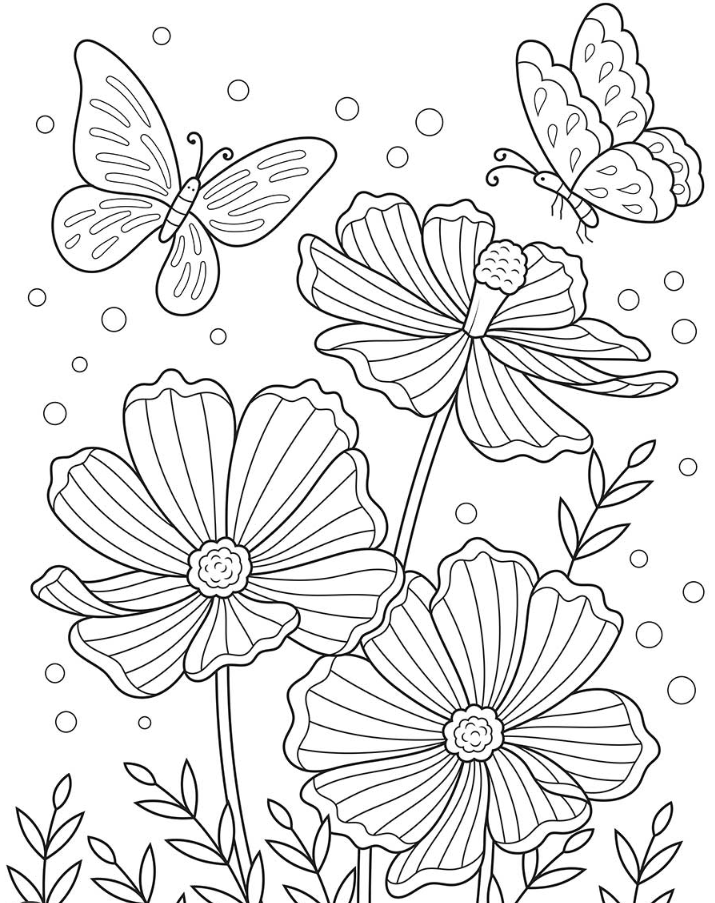Spring Adult Coloring Pages - Cosmos and Butterflies Adult Coloring Page