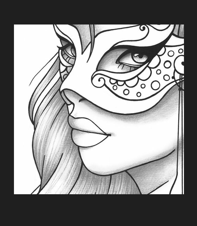 Coloring Book Art - Printable Coloring Page Girl Portrait and Mask Colouring Sheet
