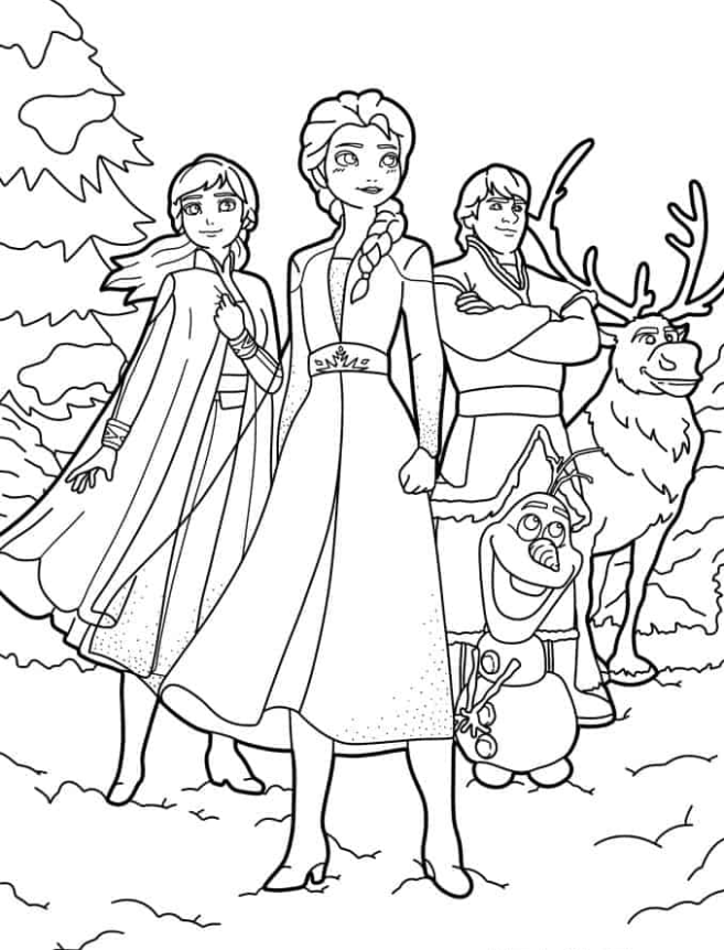 Elsa Coloring Pages - Elsa With Olaf, Anna, Sven And Kristoff