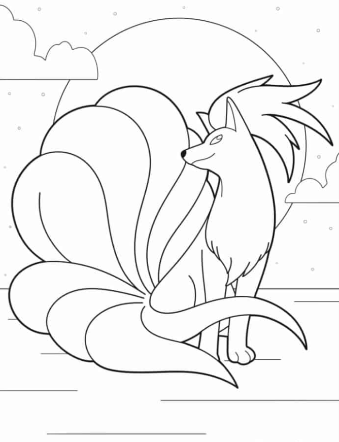 Pokemon Coloring Pages - Ninetales In Front Of Full Moon Coloring Page