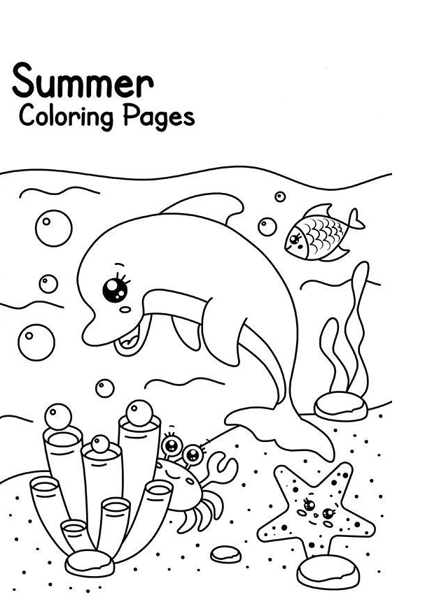 Dolphin Drawing - Summer Beach and Dolphin Coloring Pages for Kids