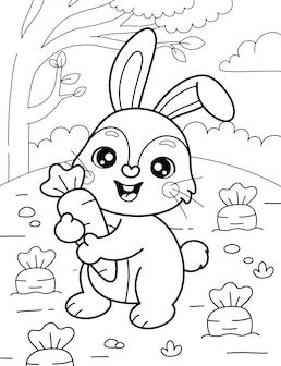 Rabbit Drawing - Cute bunny and carrots hand drawn coloring page