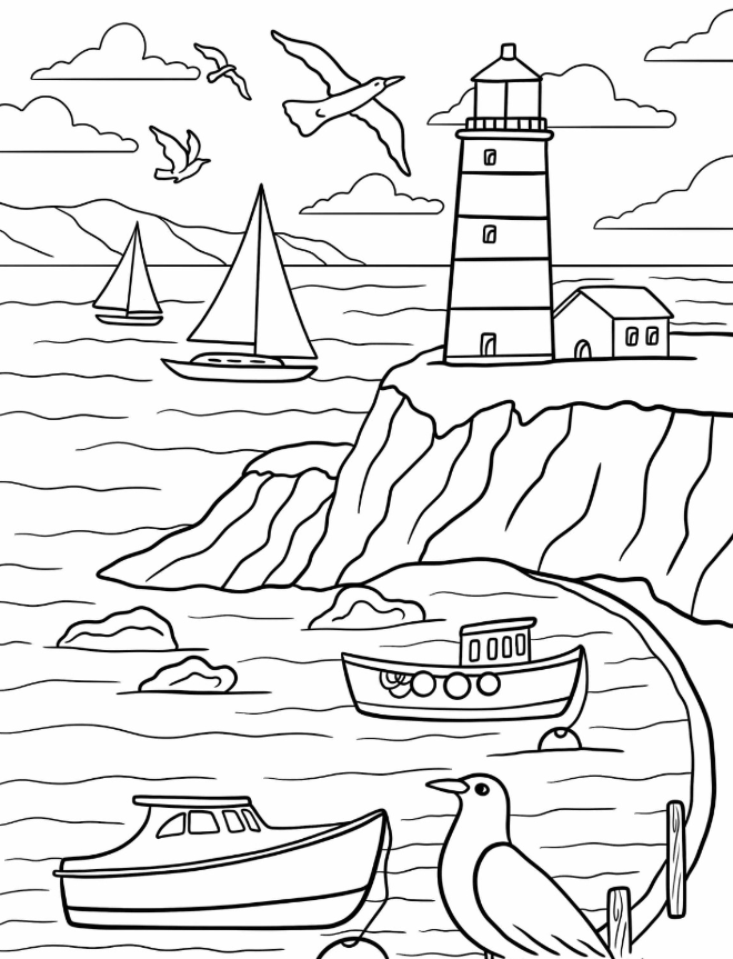 Coloring Pages   Boats On The Sea By The