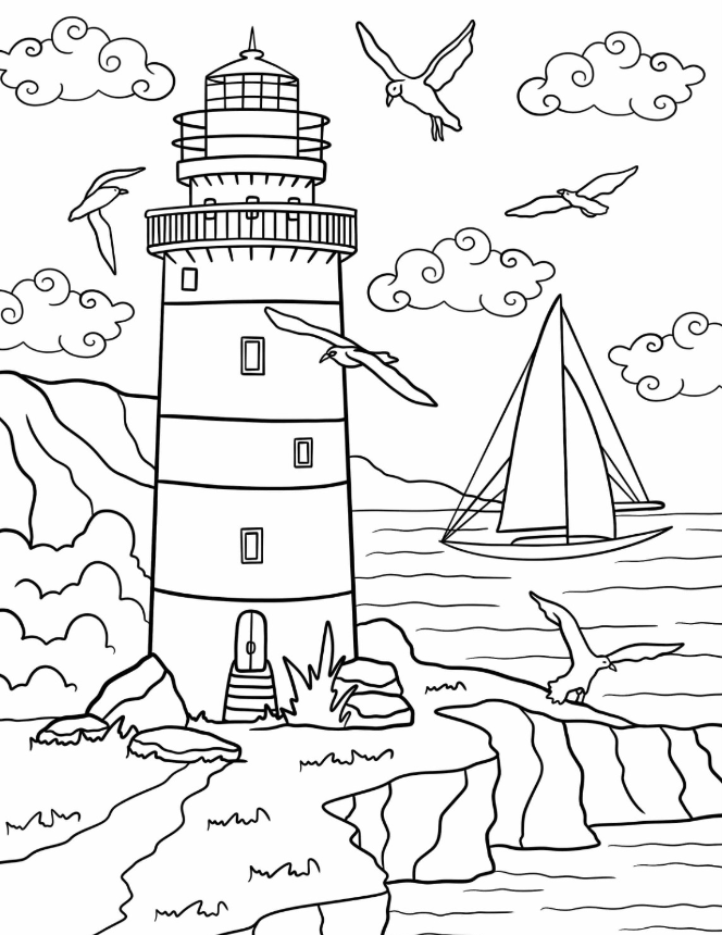 Lighthouse Coloring S   Detailed Lighthouse With Seagulls And Boat Coloring
