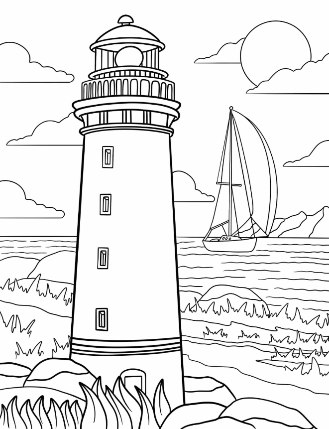 Lighthouse Coloring S   Easy Lighthouse With Boat In The Distance Coloring