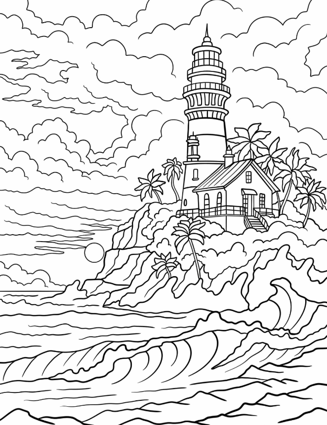 Lighthouse Coloring Pages   Large Waves Surrounding A Lighthouse Coloring