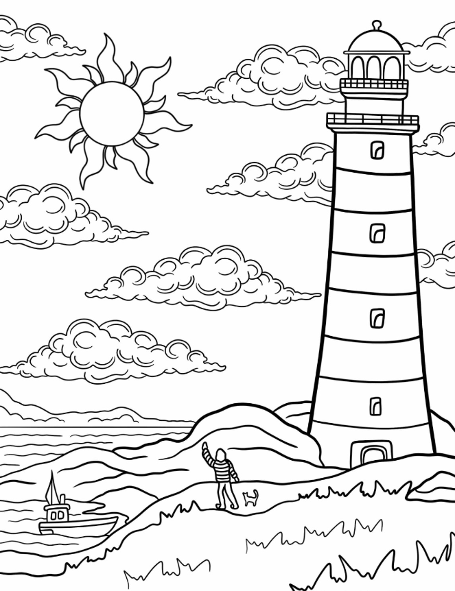 Lighthouse Coloring Pages   Lighthouse Against Cloudy Sky With Boat And Man Coloring