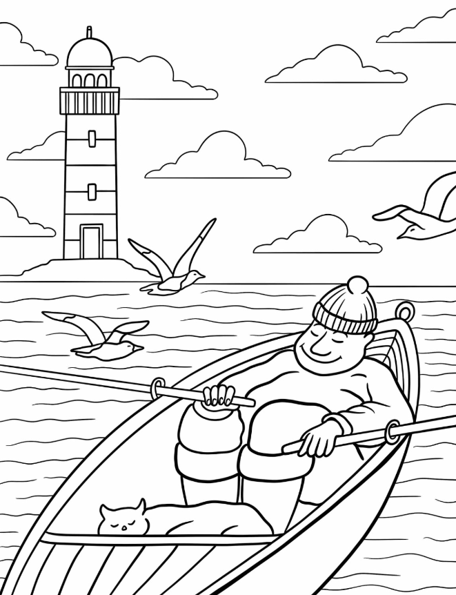 Lighthouse Coloring Pages   Lighthouse Keeper Sleeping On A Boat With A Cat Coloring Page For