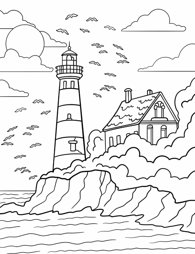 Lighthouse Coloring Pages   Lighthouse On A Cliff With Birds And Trees Coloring Page For