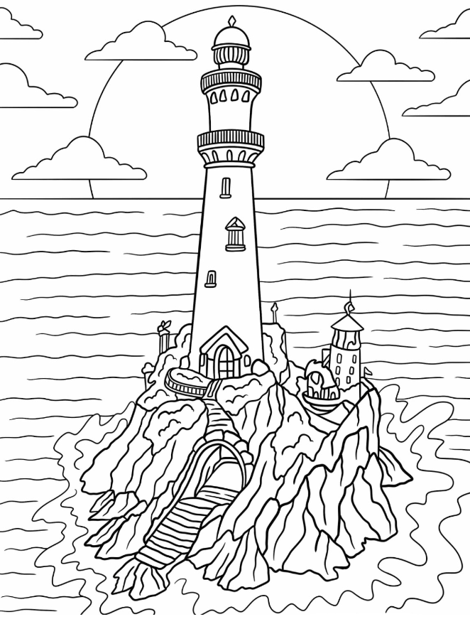 Lighthouse Coloring Pages   Lighthouse On A Small Island With Large Stone