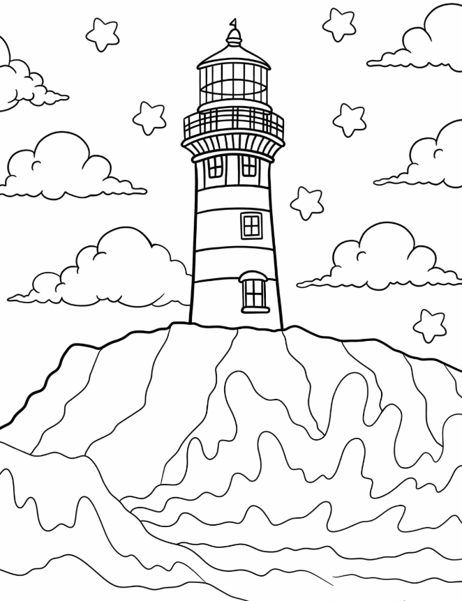 Lighthouse Coloring Pages   Lighthouse On A Starry Night Coloring Sheet For