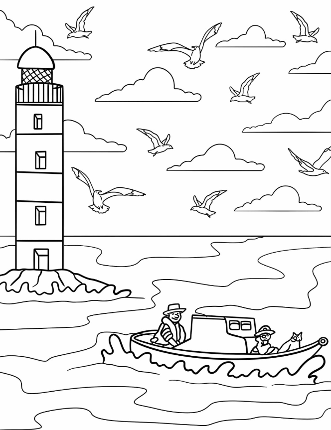Lighthouse Coloring Pages   Lighthouse Surrounded By Seagulls With Lighthouse Keeper On A