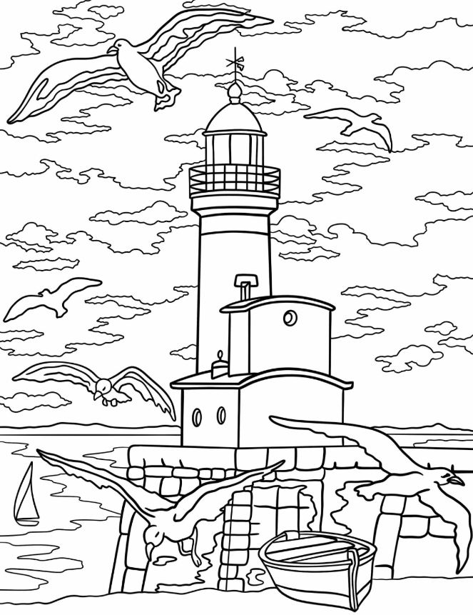 Lighthouse Coloring Pages   Realistic Lighthouse On Cloudy Day With Seagulls And Boat Coloring Page