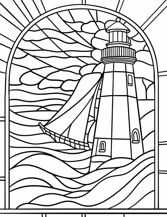 Lighthouse Coloring Pages   Stained Glass Of Lighthouse With Boat And Stormy Sea Coloring