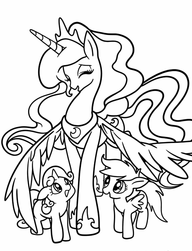 Princess Luna Coloring Pages   Easy Princess Luna With Sweetie Belle And Fluttershy Coloring Page For
