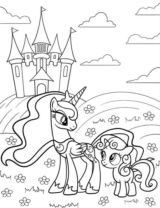 Princess Luna Coloring Pages   Princess Luna Standing With Sweetie Belle In Flower Field Coloring
