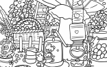 Tiny Creatures Making Fresh Beverage Garden Fantasy Aesthetic Coloring Sheet