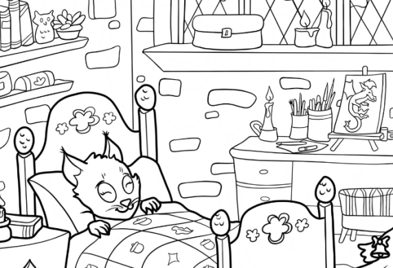 Kawaii Wolf Sleeping In Cozy Bedroom Coloring Sheet For Kids