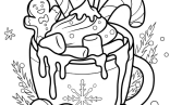 Overflowing Hot Chocolate Drink With Cinnamon Stick, Gingerbread Man, Candy Cane, And Lollipop Coloring Page