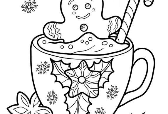 Simple Outline Of Gingerbread Man Inside Cup Of Hot Cocoa Coloring Sheet