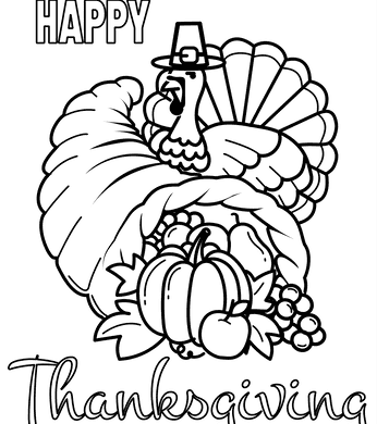 Turkey With Cornucopia Thanksgiving Coloring Page