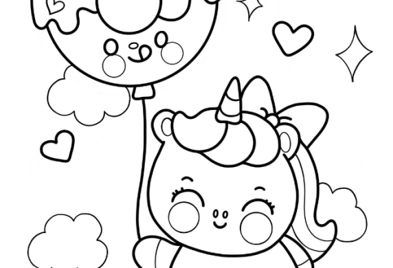 Unicorn Girl Holding Donut Balloon Coloring Page