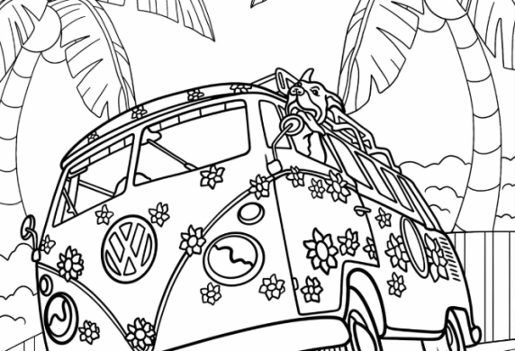 Volkswagen Hippie Van With Dog Coloring Page