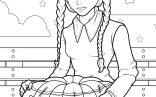 Wednesday Addams Holding Jack O Lantern Coloring Page