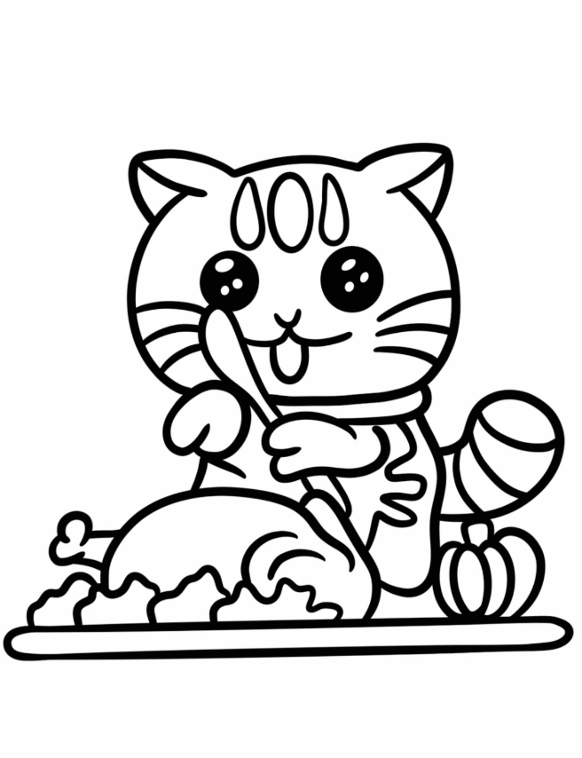 Adorable Cat Eating Thanksgiving Turkey Coloring Sheet For