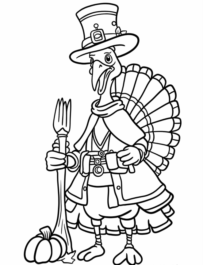 Cartoon Turkey Dressed As A Pilgrim Coloring Page For