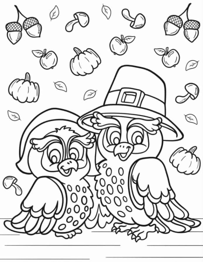 Coloring Sheet Of Cartoon Thanksgiving Owls In