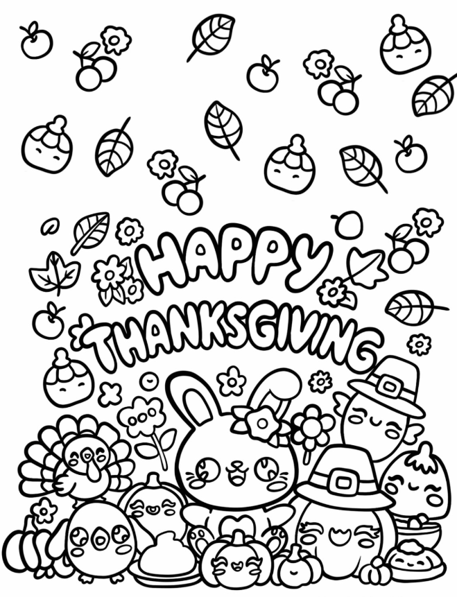 Cute Happy Critters Celebrating Thanksgiving Coloring Sheet For