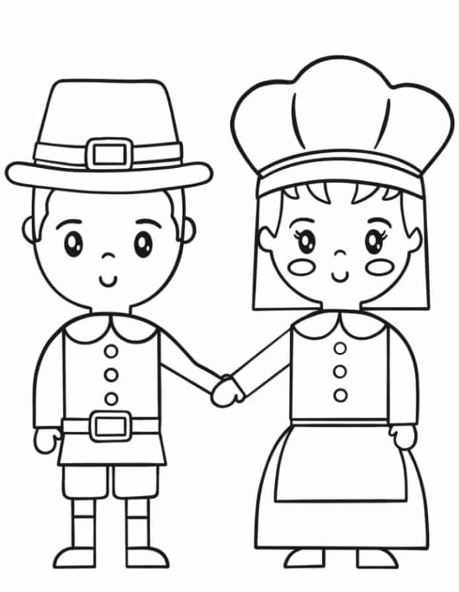 Easy Coloring Sheet Of Boy And Girl In Thanksgiving