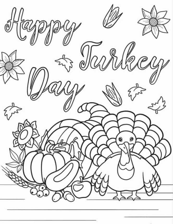 Happy Turkey Day Coloring Page For