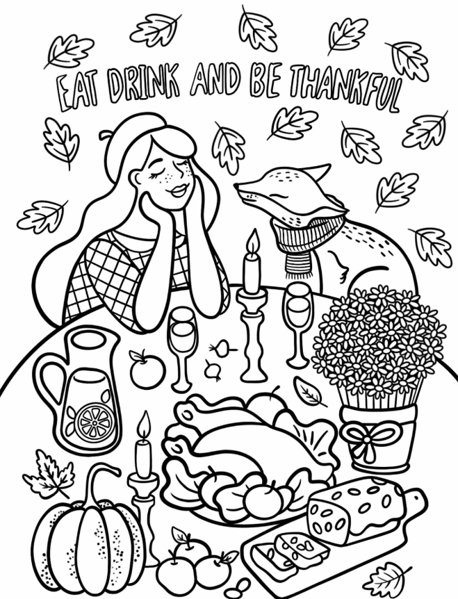 Happy Woman And Fox Eating Thanksgiving Dinner Coloring