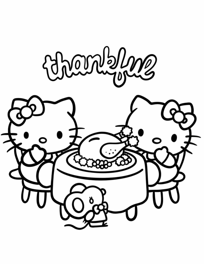 Hello Kitty And Mimmy White Eating Thanksgiving Dinner Coloring Sheet For