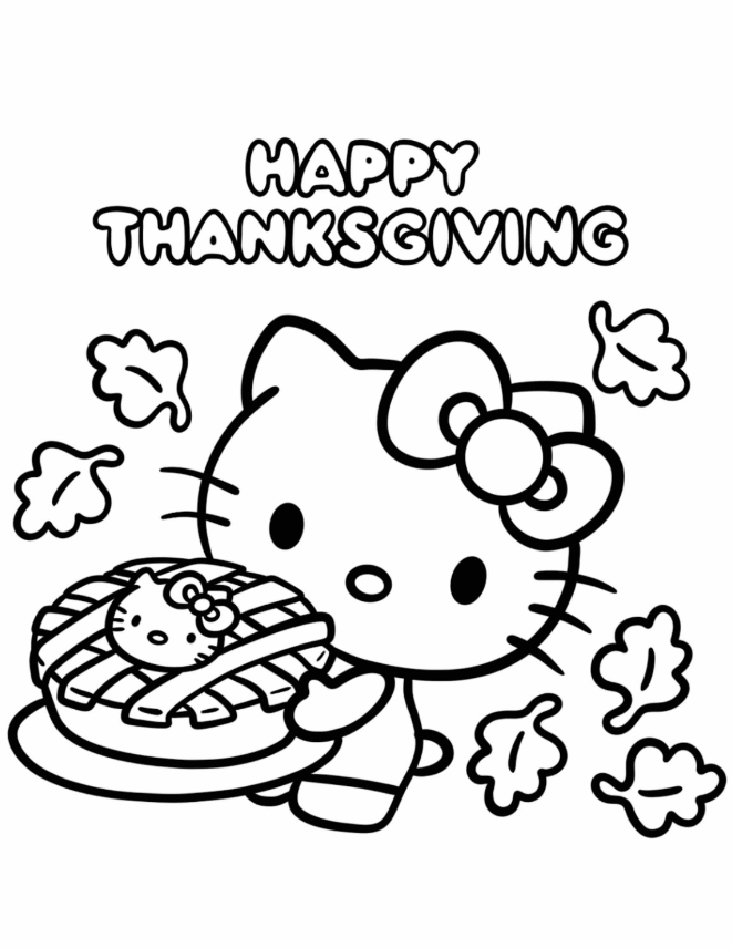 Hello Kitty Carrying A Thanksgiving Pie Coloring Page For