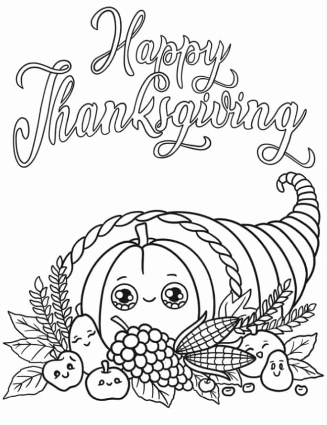 Kawaii Thanksgiving Cornucopia Coloring