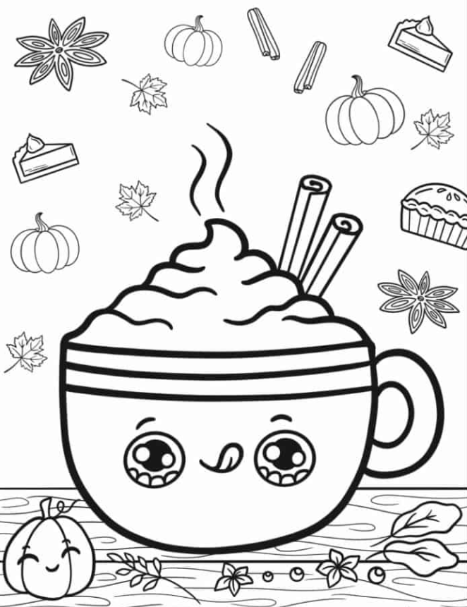 Kawaii Thanksgiving Hot Chocolate Coloring In For