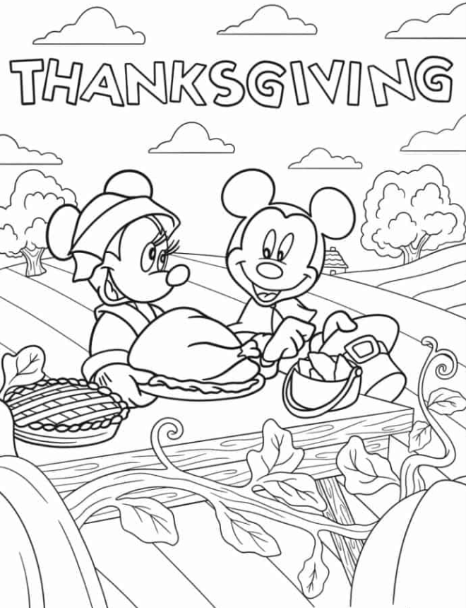 Mickey And Minnie Mouse With Thanksgiving Turkey Coloring