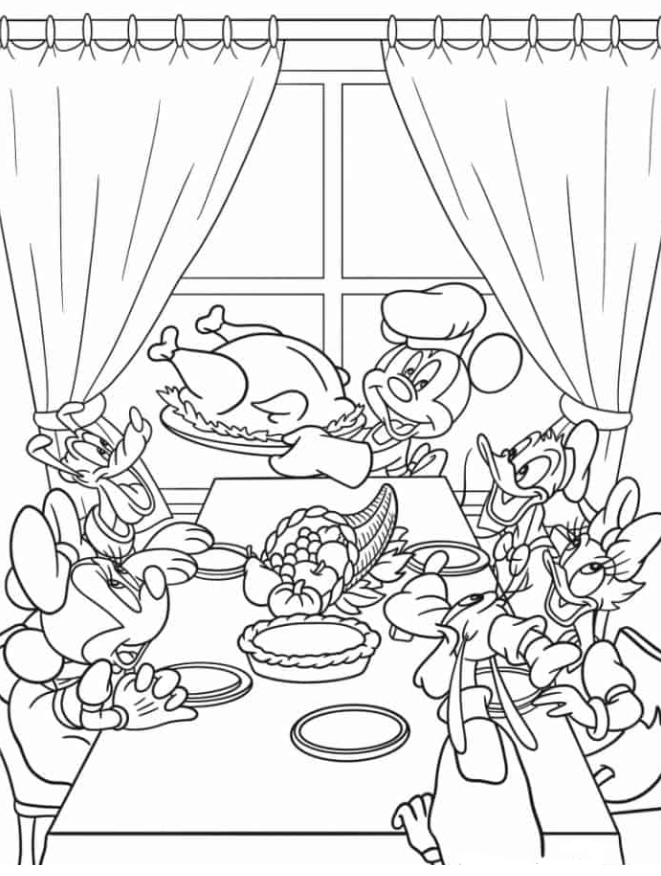 Mickey Mouse And Friends Eat Turkey On Thanksgiving Coloring