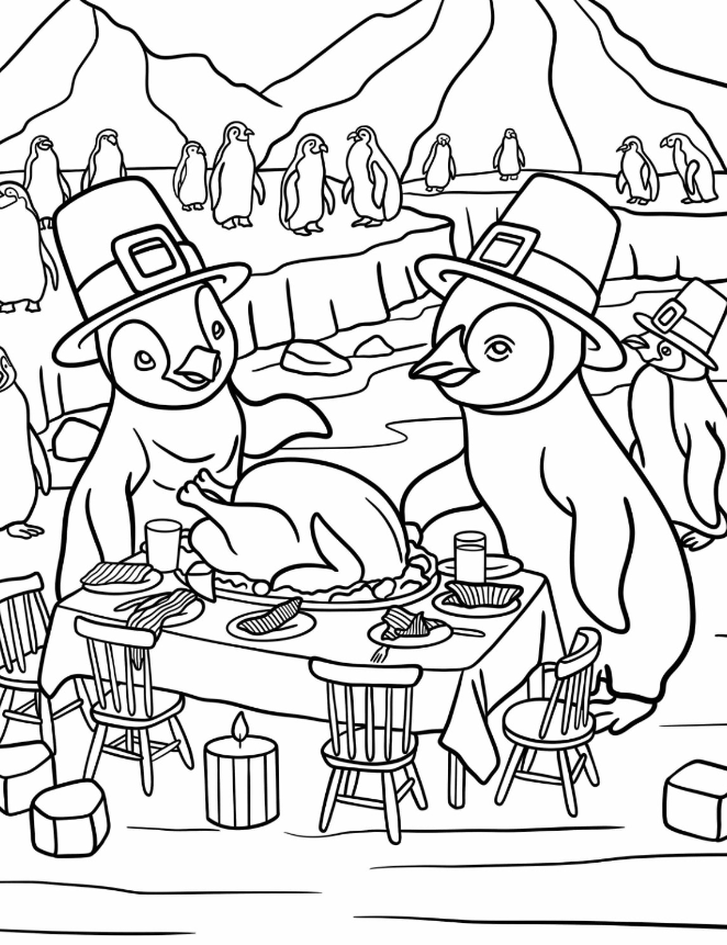 Penguins Celebrating Thanksgiving In The Arctic Coloring