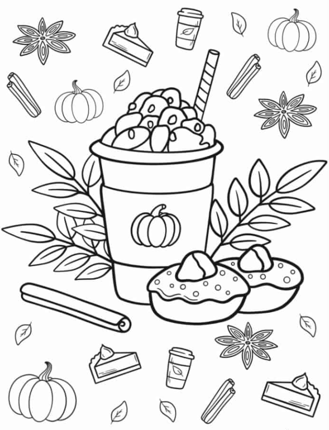 Pumpkin Spice Latte With Donuts Coloring