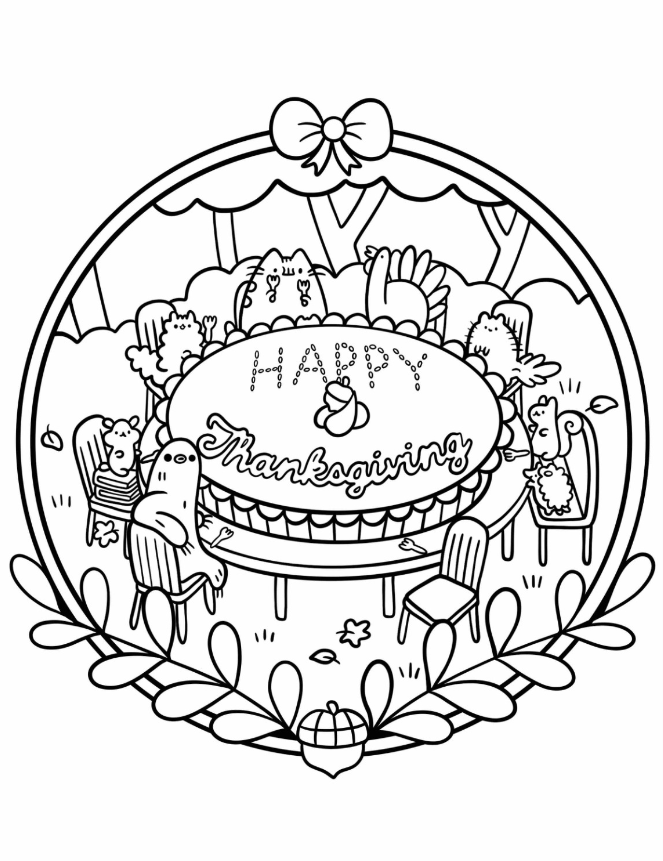 Pusheen And Friends Celebrating Thanksgiving Coloring Page For