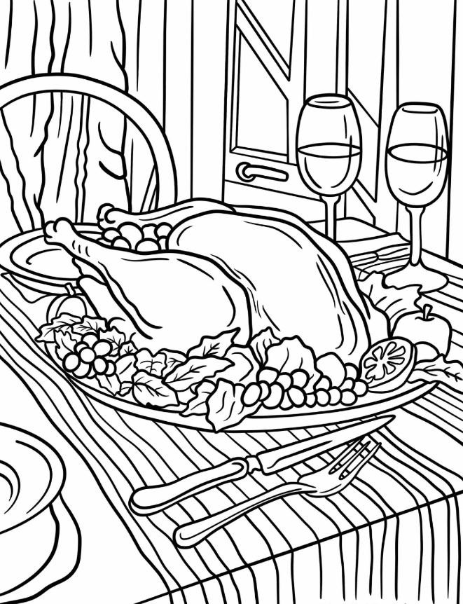 Realistic Turkey With Wine Glasses Coloring